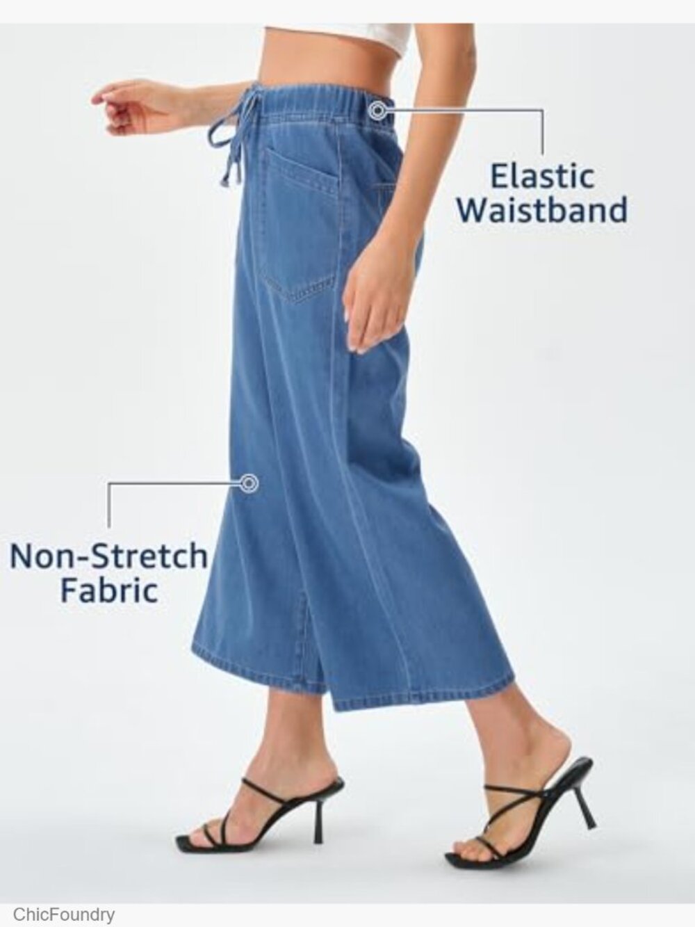 Wide Leg Capri Jeans Elastic Waist Drawstring Cropped Culottes Pants - Picture 3 of 7